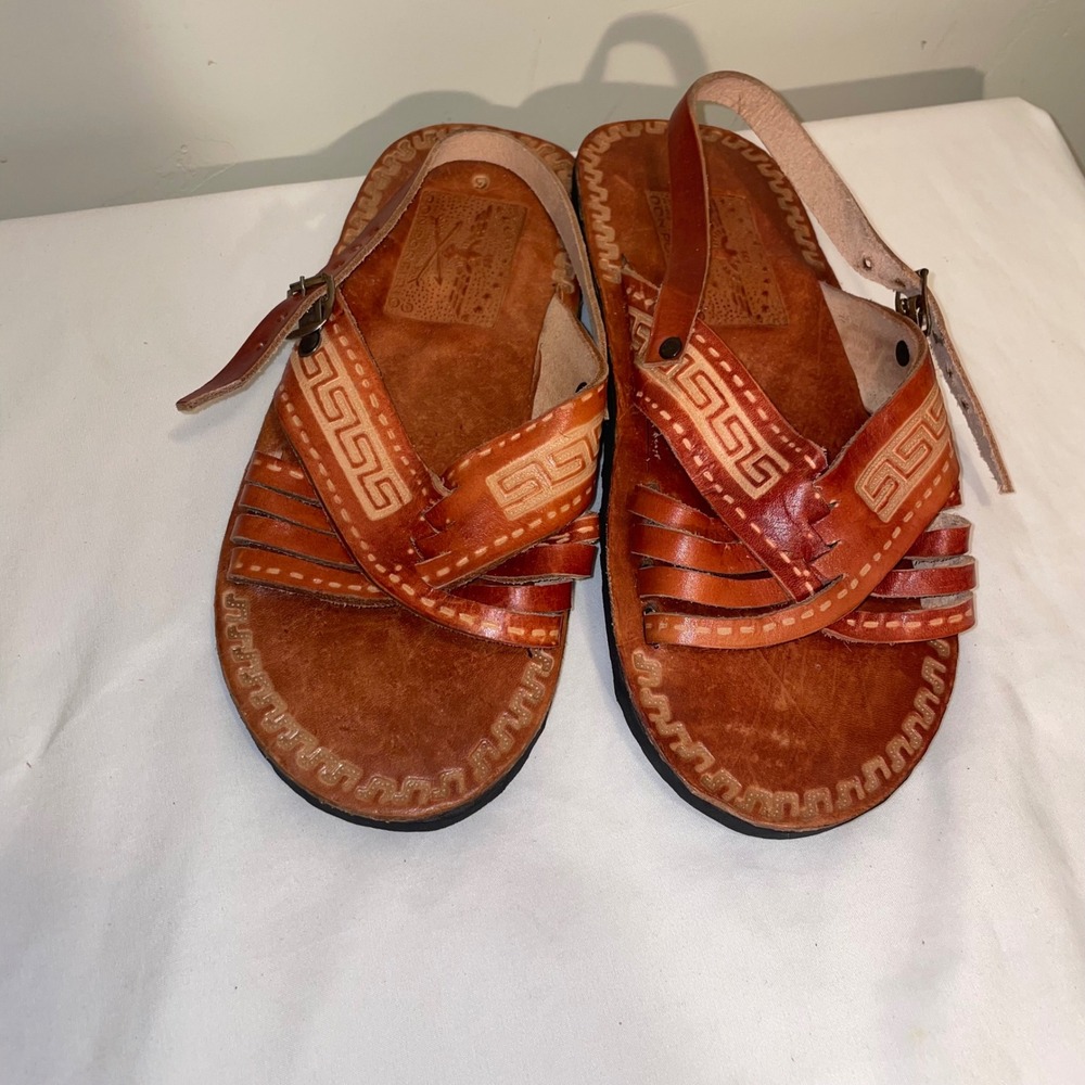 Don Porfirio Mens Huarache Sandals Tan Leather Greek Key Stamped Mexican Shoes 6